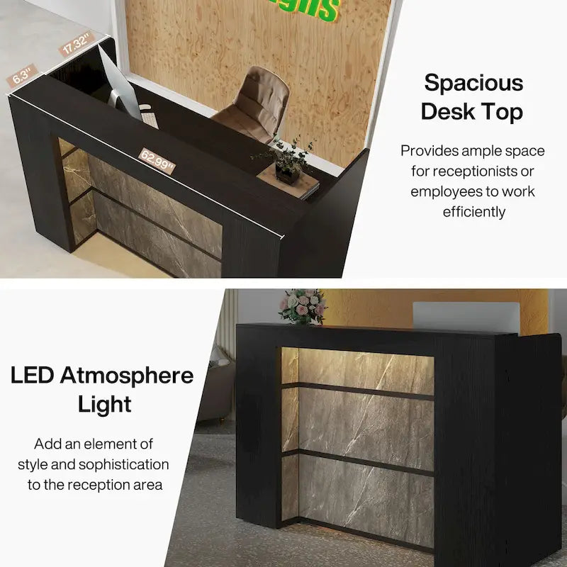 Bureau de réception avec lumières LED, grande table de comptoir de réception avec panneaux privés