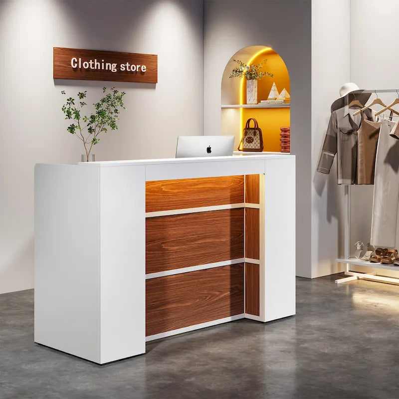Bureau de réception avec lumières LED, grande table de comptoir de réception avec panneaux privés