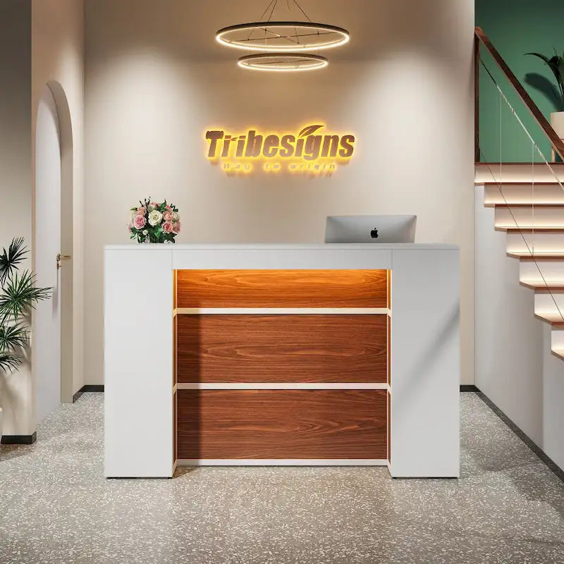 Bureau de réception avec lumières LED, grande table de comptoir de réception avec panneaux privés