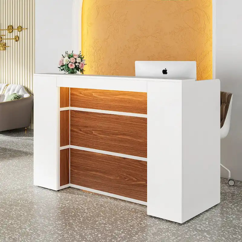 Bureau de réception avec lumières LED, grande table de comptoir de réception avec panneaux privés