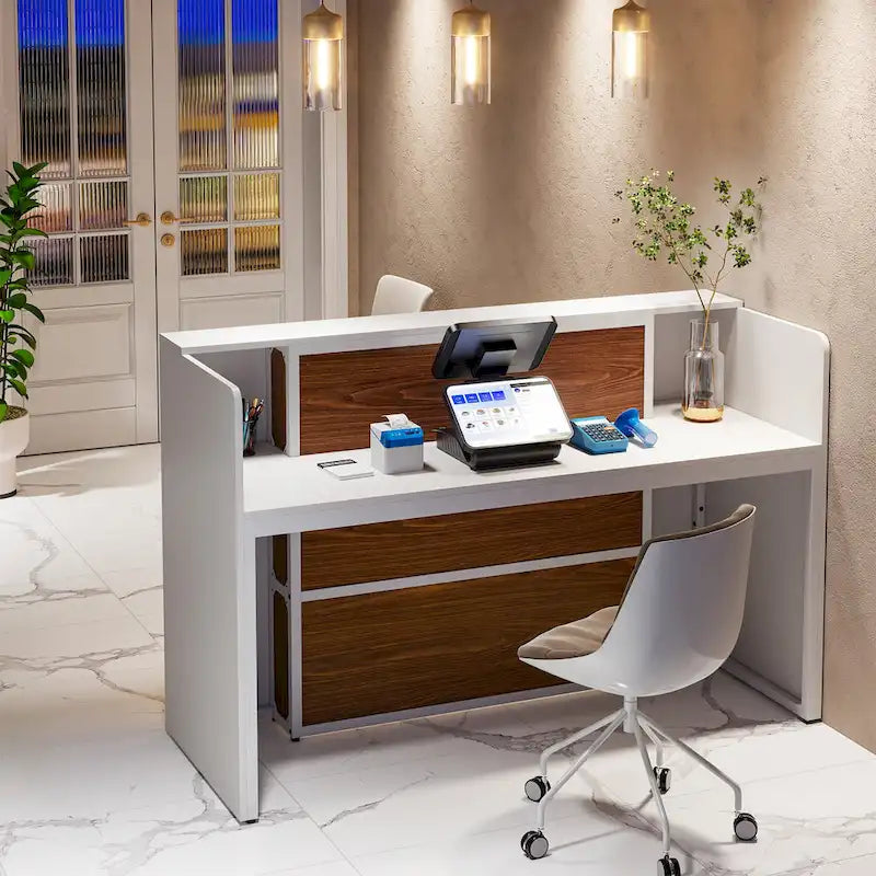 Bureau de réception avec lumières LED, grande table de comptoir de réception avec panneaux privés