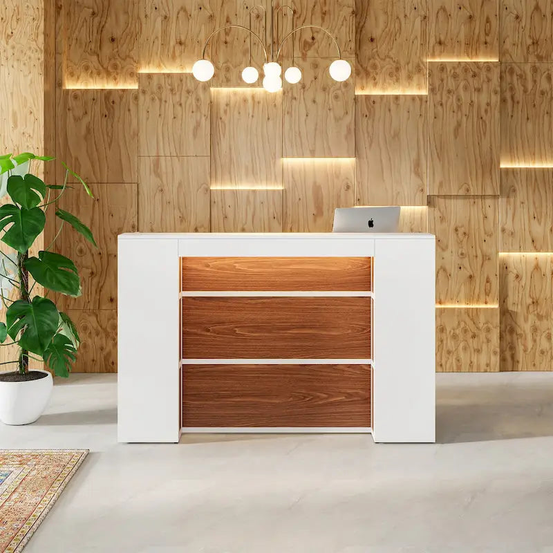 Bureau de réception avec lumières LED, grande table de comptoir de réception avec panneaux privés