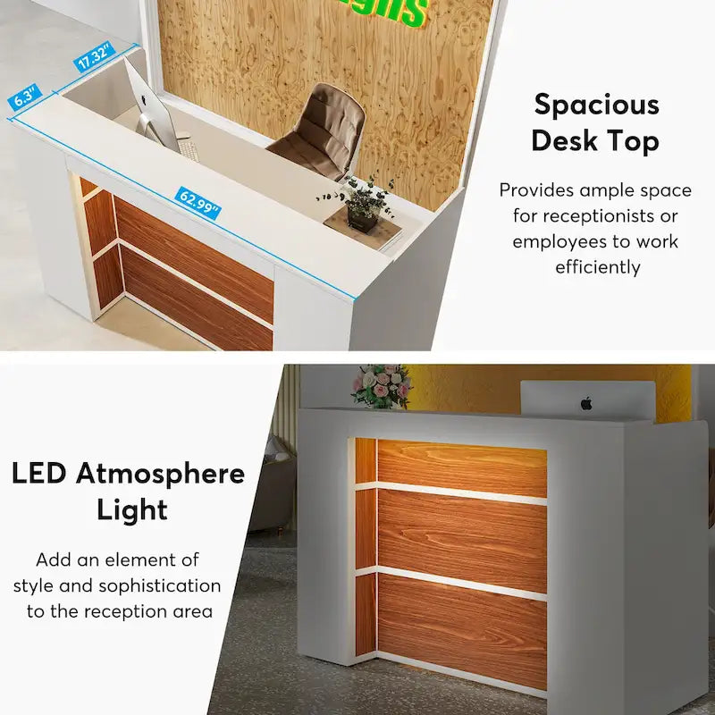 Bureau de réception avec lumières LED, grande table de comptoir de réception avec panneaux privés