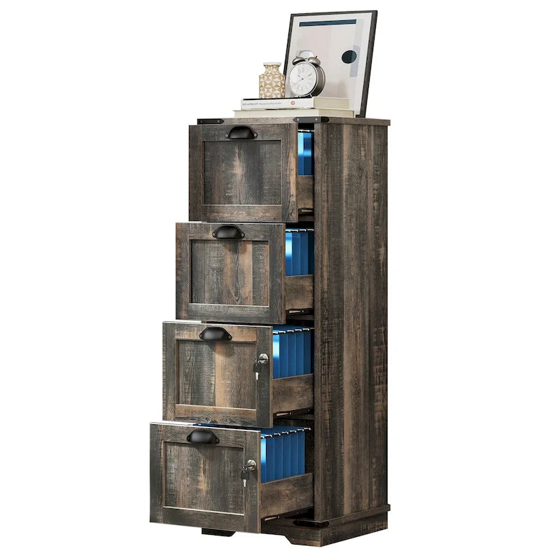 Moasis – Meuble de classement vertical à 4 tiroirs en bois rustique avec serrure