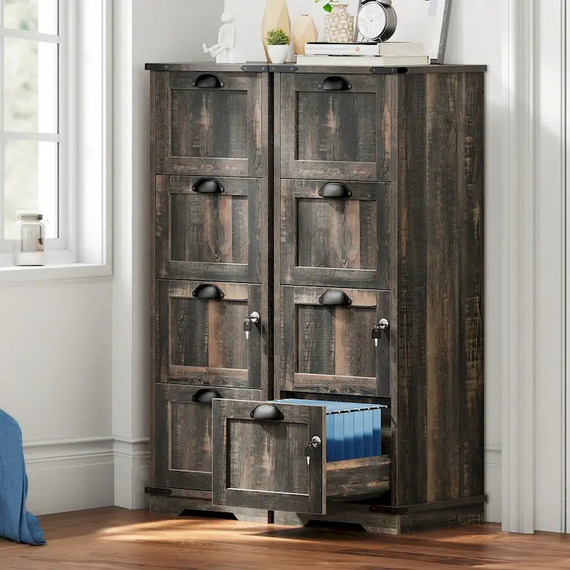 Moasis – Meuble de classement vertical à 4 tiroirs en bois rustique avec serrure
