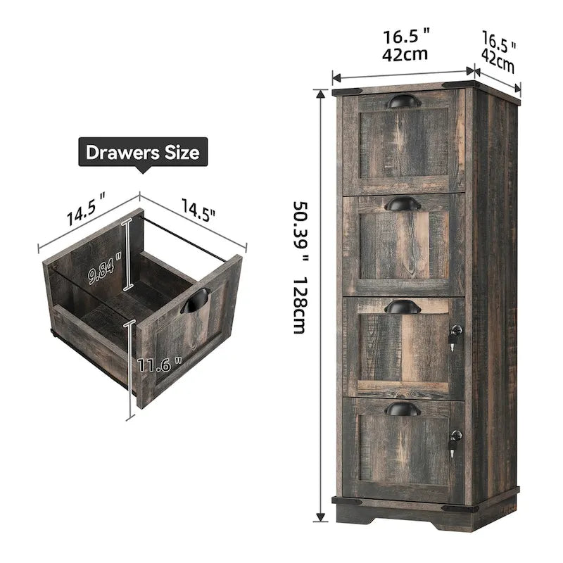 Moasis – Meuble de classement vertical à 4 tiroirs en bois rustique avec serrure