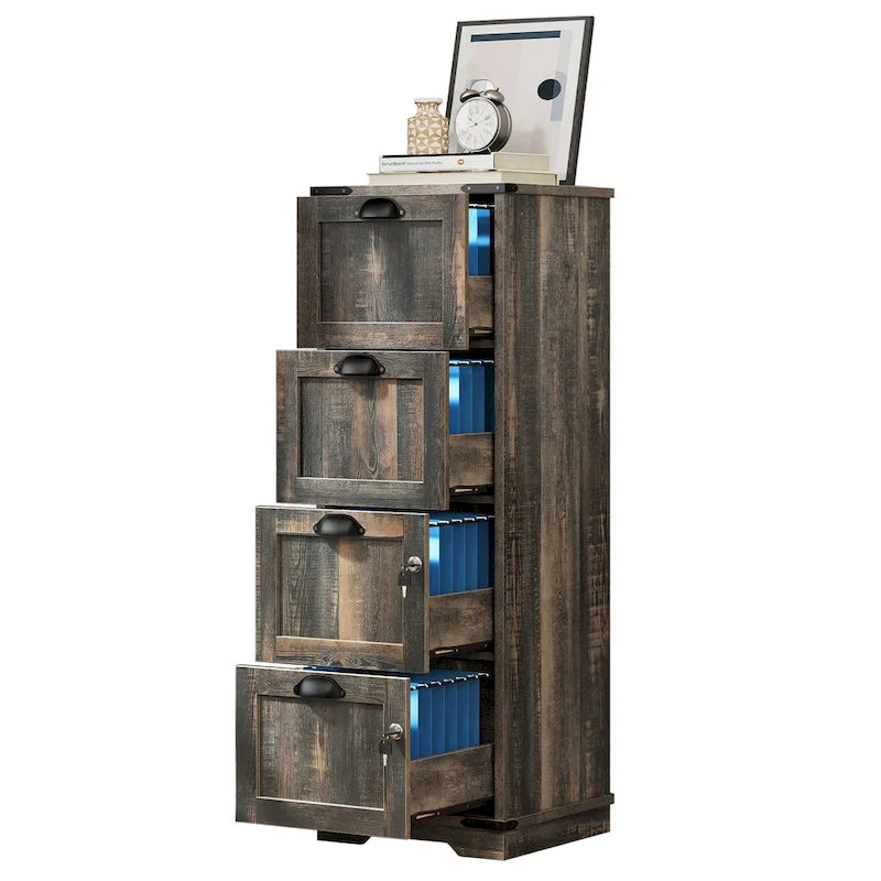 Moasis – Meuble de classement vertical à 4 tiroirs en bois rustique avec serrure