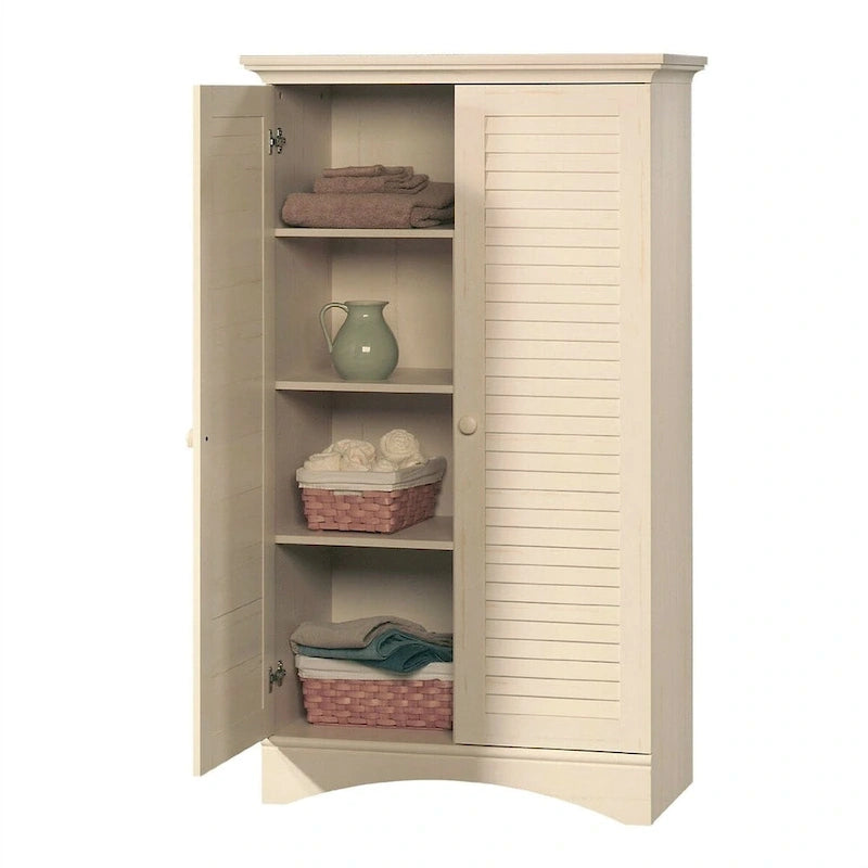 Armoire de rangement vintage en bois blanc vieilli avec portes à persiennes - 35,4 L x 16,8 P x 61 H