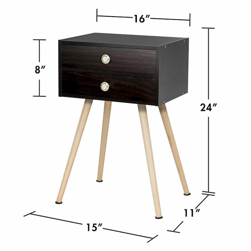 Table de chevet moderne du milieu du siècle à 2 tiroirs, marron