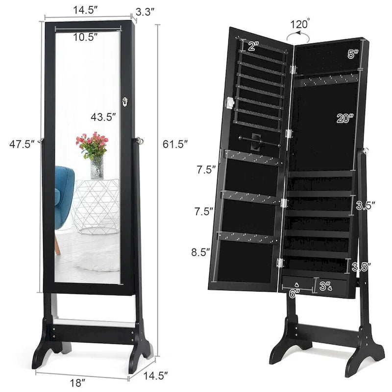 Mirrored Jewelry Storage Cabinet with Drawers and Hooks - 18 x 14.5 x 61.5