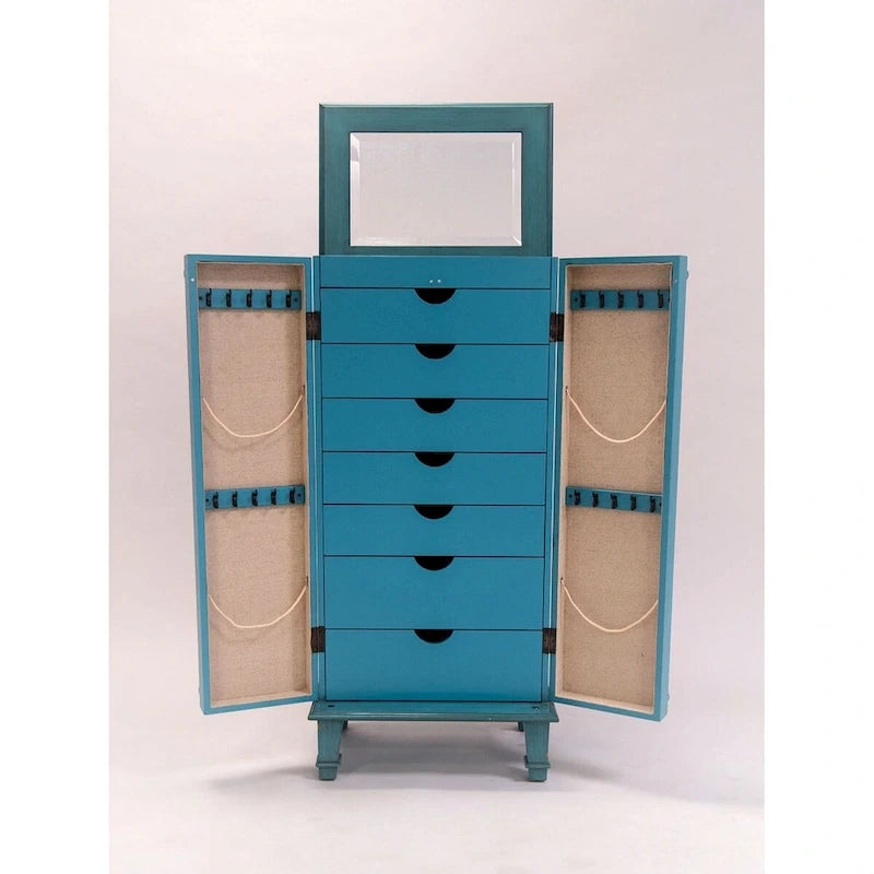 Grande boîte à bijoux vintage turquoise peinte à la main avec poignées de tiroir antiques – 13,8 x 19 x 40 pouces