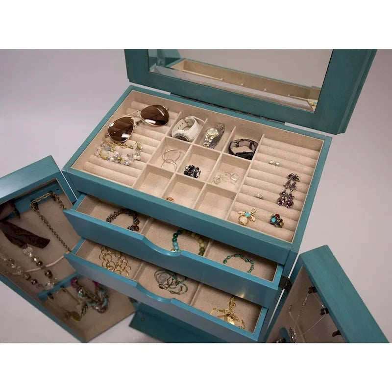 Grande boîte à bijoux vintage turquoise peinte à la main avec poignées de tiroir antiques – 13,8 x 19 x 40 pouces