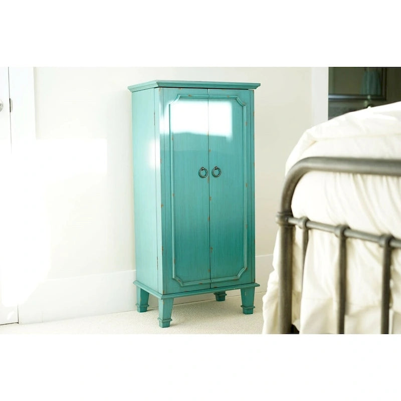 Grande boîte à bijoux vintage turquoise peinte à la main avec poignées de tiroir antiques – 13,8 x 19 x 40 pouces
