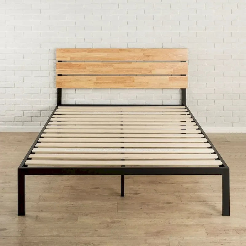 Cadre de lit plateforme moderne en métal King size avec tête de lit et lattes en bois