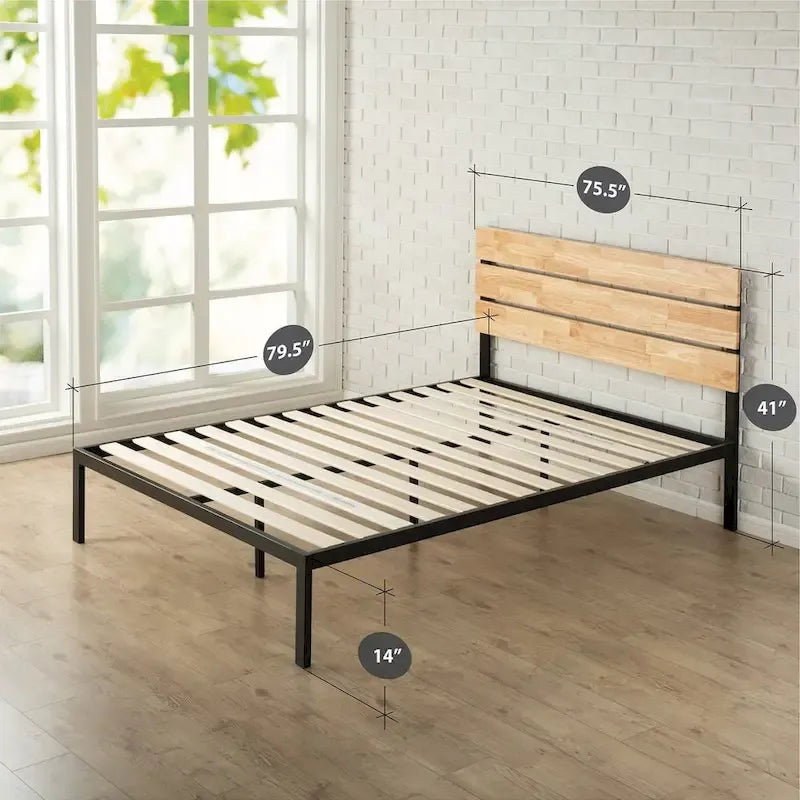 Cadre de lit plateforme moderne en métal King size avec tête de lit et lattes en bois