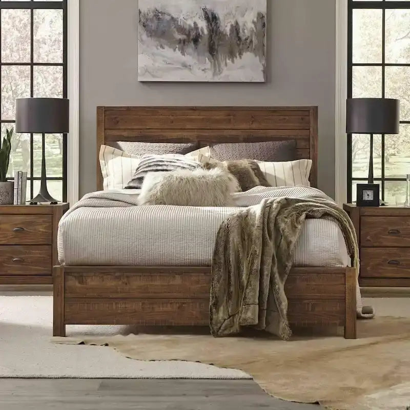 Lit plateforme en pin massif couleur noyer Queen Size FarmHome