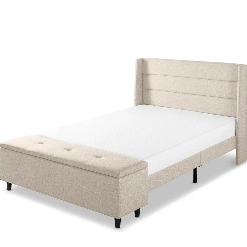 Lit plateforme capitonné beige avec pouf de rangement Crown Comfort