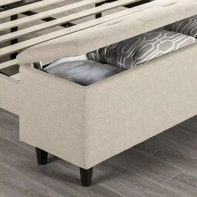 Lit plateforme capitonné beige avec pouf de rangement Crown Comfort