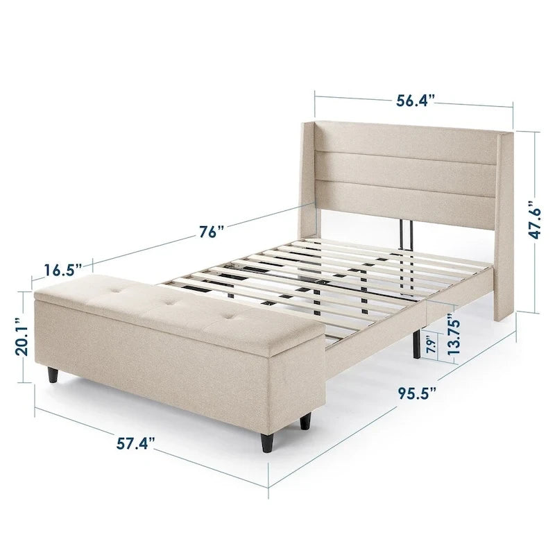 Lit plateforme capitonné beige avec pouf de rangement Crown Comfort