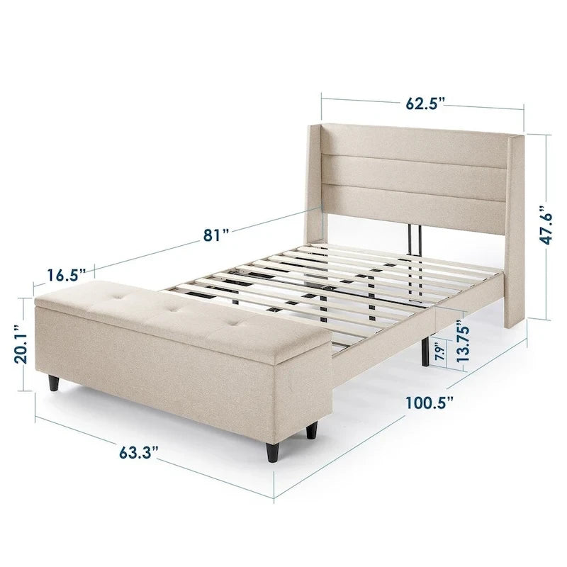 Lit plateforme capitonné beige avec pouf de rangement Crown Comfort