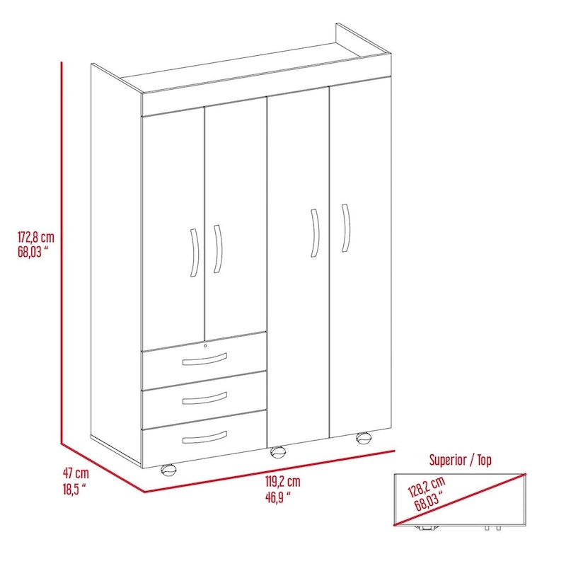 Armoire mobile Denver avec tringles, armoire à double porte, 3 tiroirs et 2 étagères - N/A