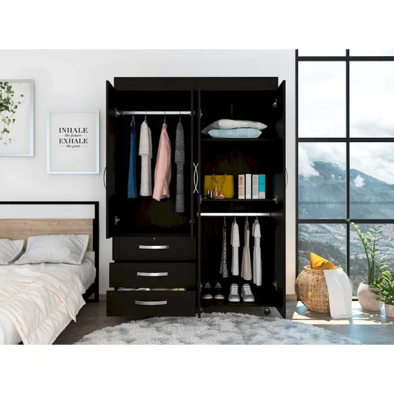 Armoire mobile Denver avec tringles, armoire à double porte, 3 tiroirs et 2 étagères - N/A