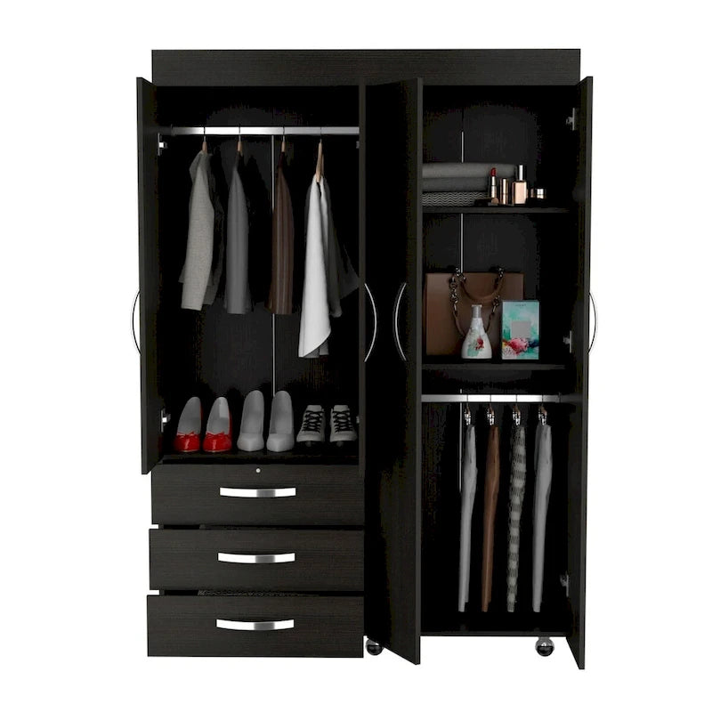 Armoire mobile Denver avec tringles, armoire à double porte, 3 tiroirs et 2 étagères - N/A