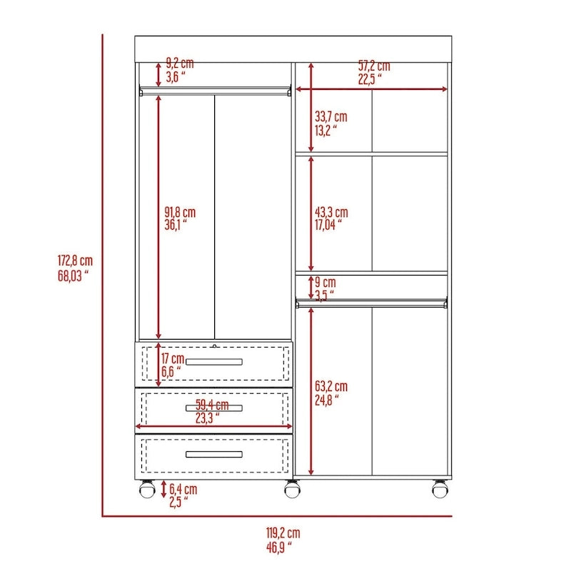 Armoire mobile Denver avec tringles, armoire à double porte, 3 tiroirs et 2 étagères - N/A