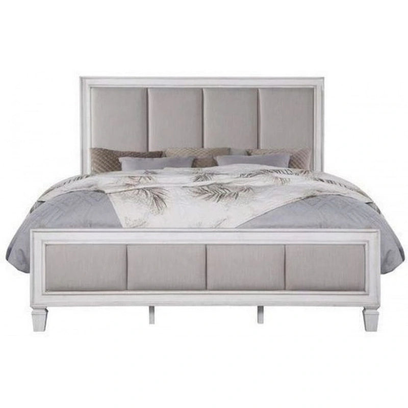 Lit Queen avec rembourrage en tissu capitonné, blanc et gris