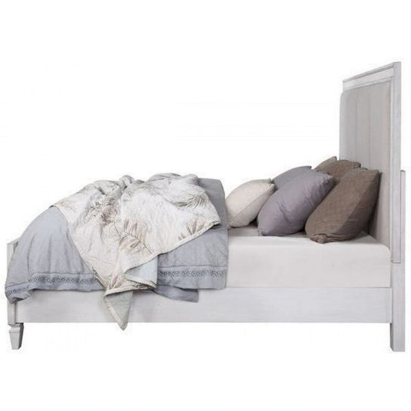 Lit Queen avec rembourrage en tissu capitonné, blanc et gris