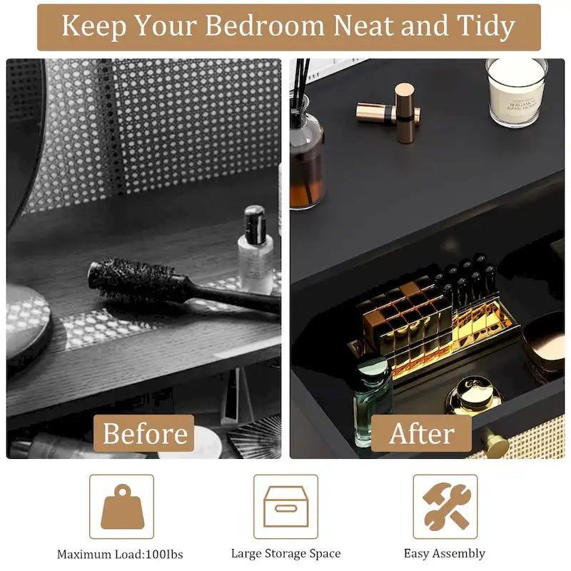 Commode moderne Anmytek noire à 3 tiroirs, meuble de rangement en rotin pour chambre à coucher