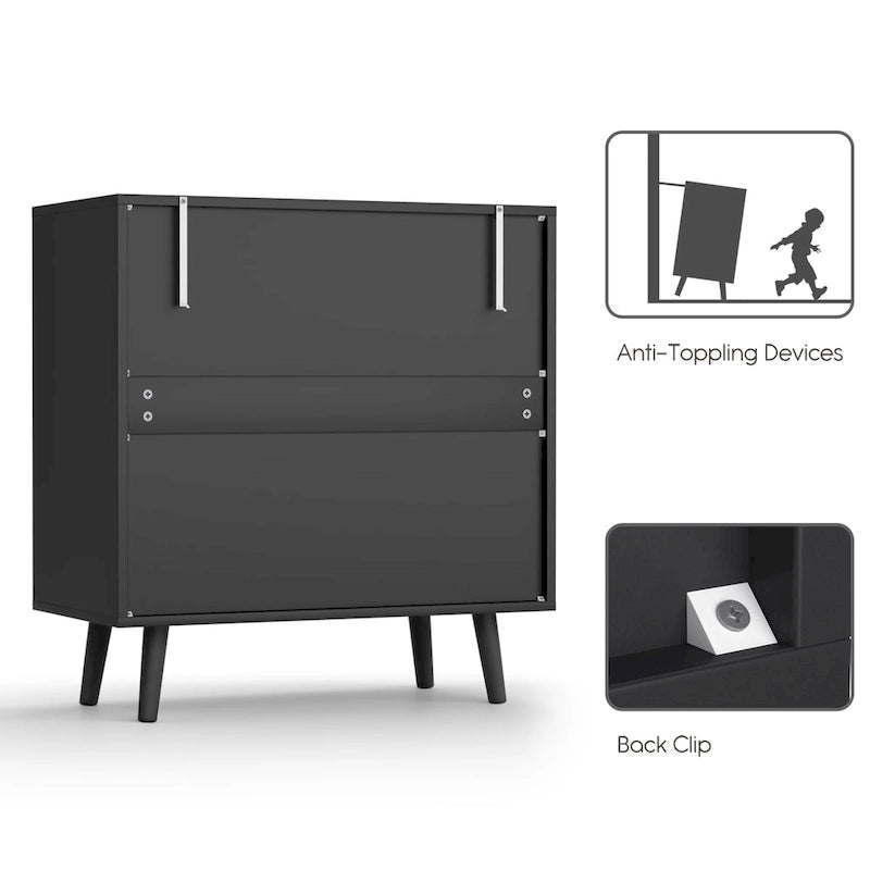 Commode moderne Anmytek noire à 3 tiroirs, meuble de rangement en rotin pour chambre à coucher