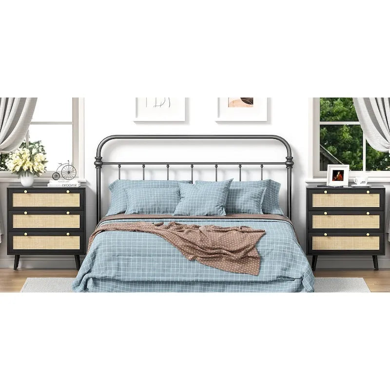 Commode moderne Anmytek noire à 3 tiroirs, meuble de rangement en rotin pour chambre à coucher