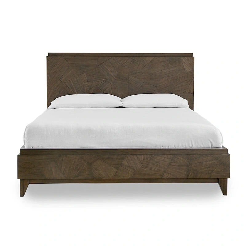 Lit Queen bas de Dee Mahogany Wood, brun avoine géométrique