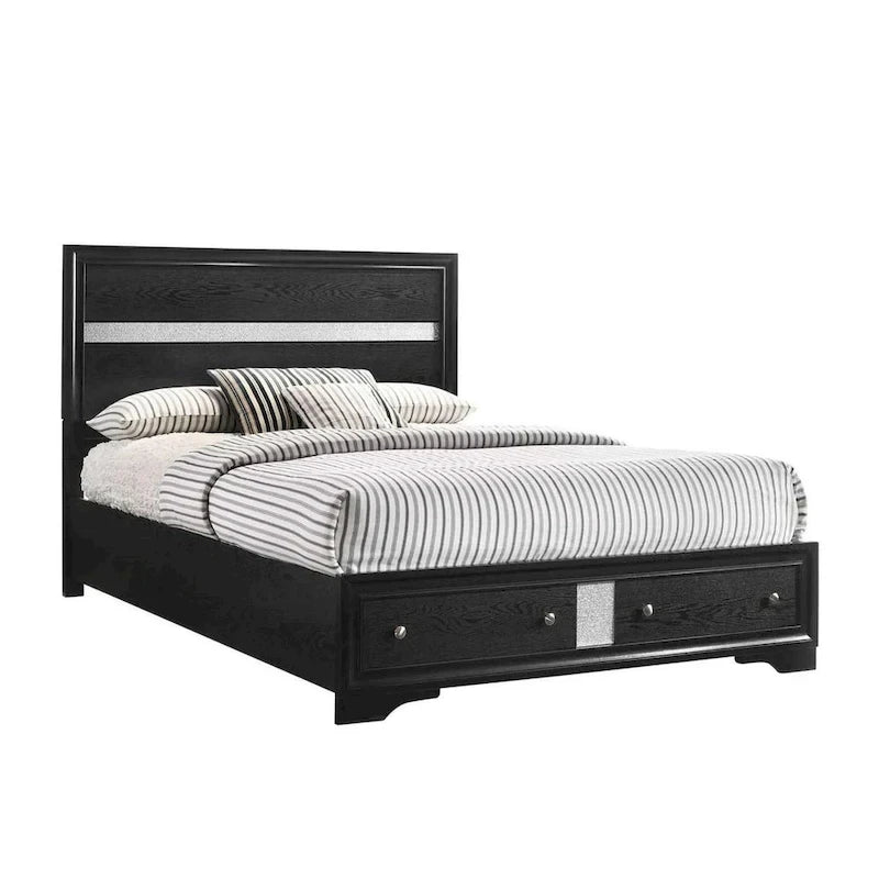Lit double Regi, 2 tiroirs de rangement, tête de lit rayée argent, bois noir