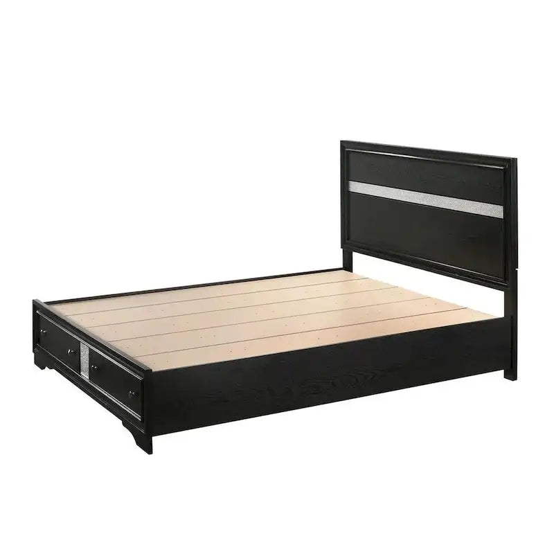 Lit double Regi, 2 tiroirs de rangement, tête de lit rayée argent, bois noir