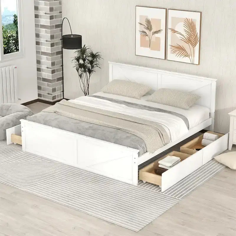 Lit plateforme King Size avec quatre tiroirs de rangement et pieds de support