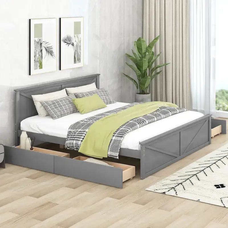 Lit plateforme King Size avec quatre tiroirs de rangement et pieds de support