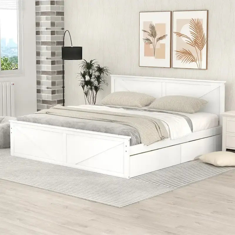 Lit plateforme King Size avec quatre tiroirs de rangement et pieds de support