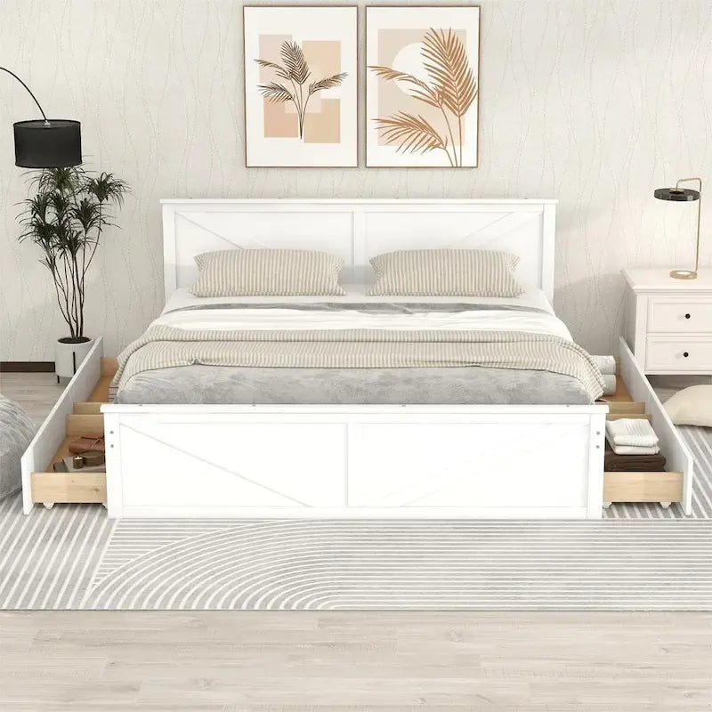 Lit plateforme King Size avec quatre tiroirs de rangement et pieds de support