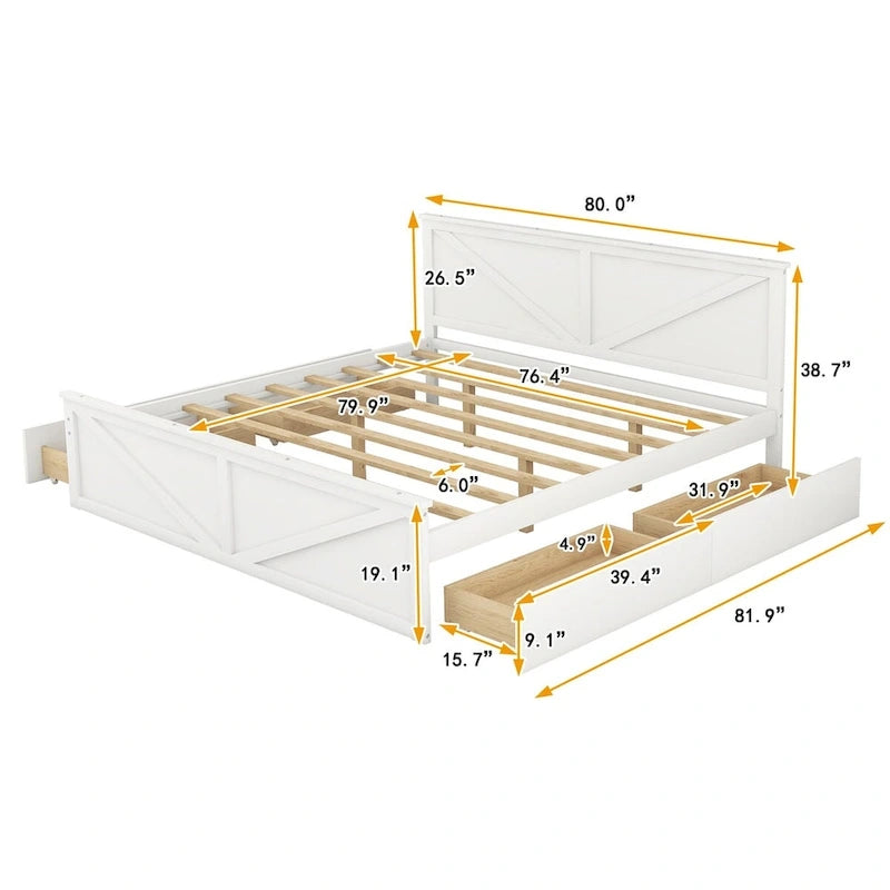 Lit plateforme King Size avec quatre tiroirs de rangement et pieds de support