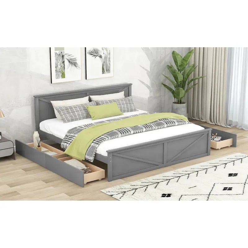Lit plateforme King Size avec quatre tiroirs de rangement et pieds de support