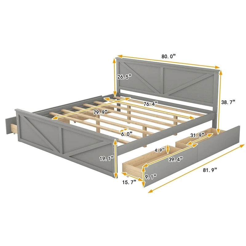 Lit plateforme King Size avec quatre tiroirs de rangement et pieds de support