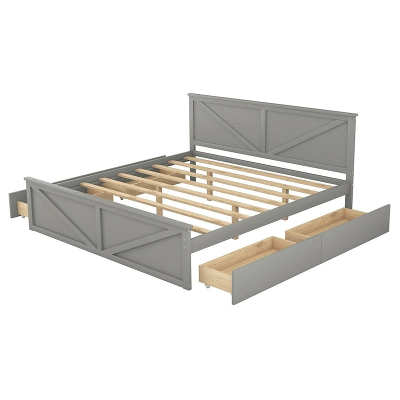 Lit plateforme King Size avec quatre tiroirs de rangement et pieds de support
