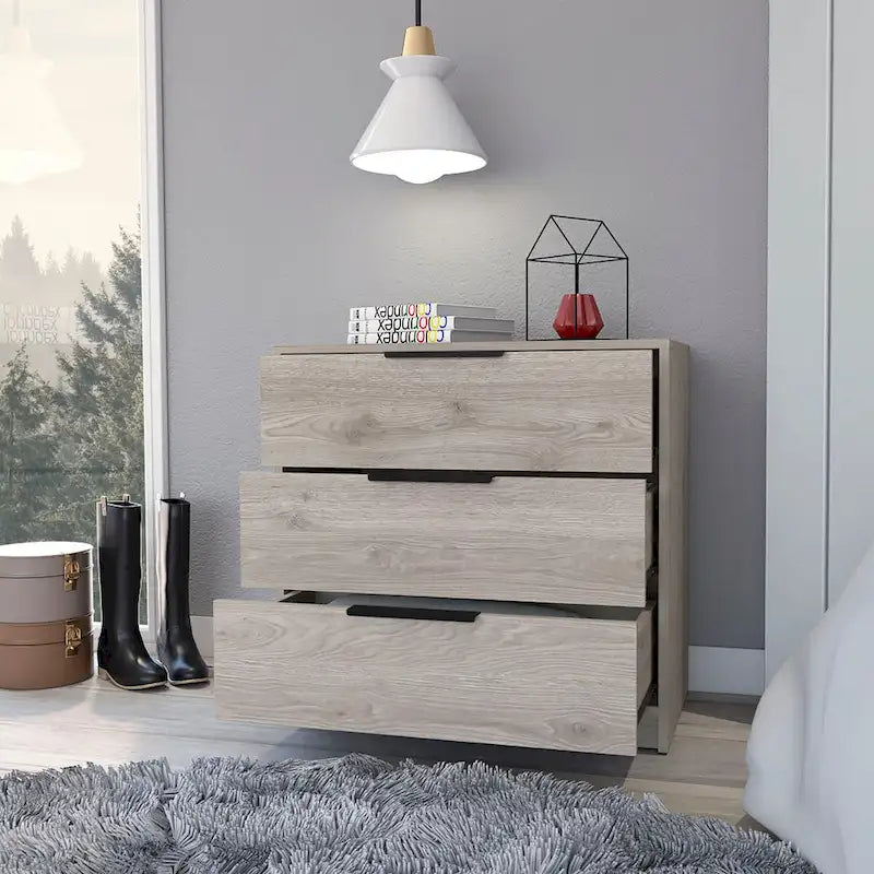 Commode à 3 tiroirs Maryland, plateau supérieur, finition gris clair, haute qualité et durable