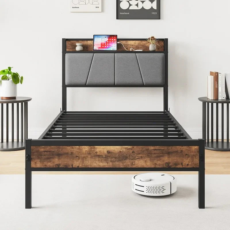 Cadre de lit double, tête de lit de rangement avec station de recharge, sommier tapissier non requis