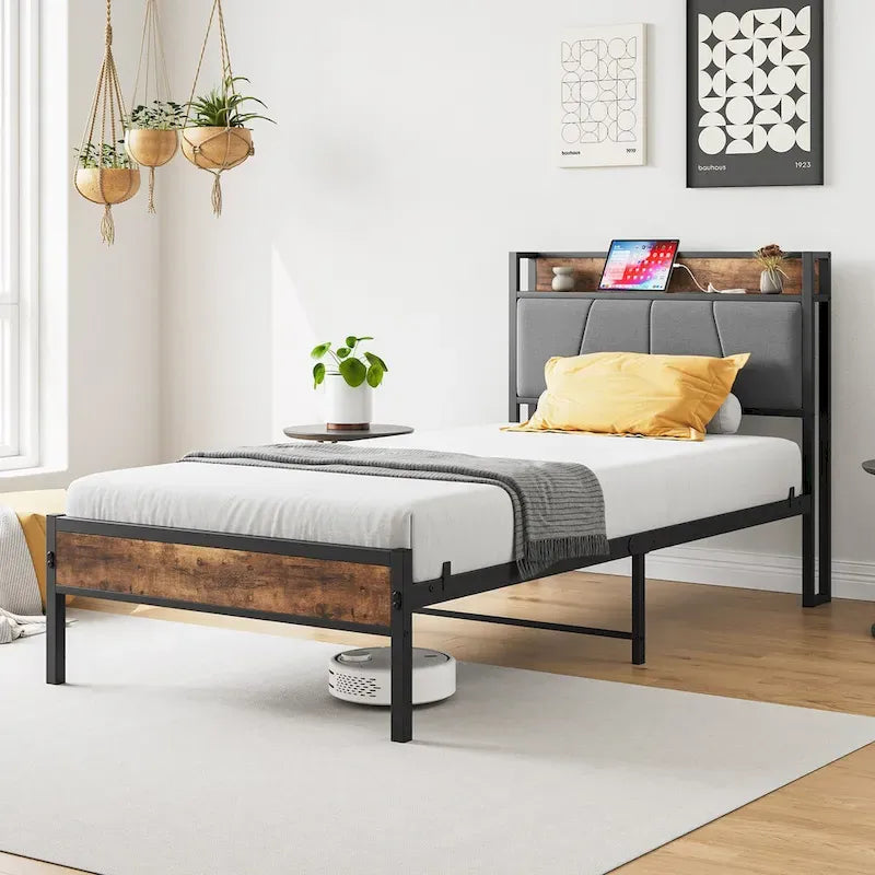 Cadre de lit double, tête de lit de rangement avec station de recharge, sommier tapissier non requis