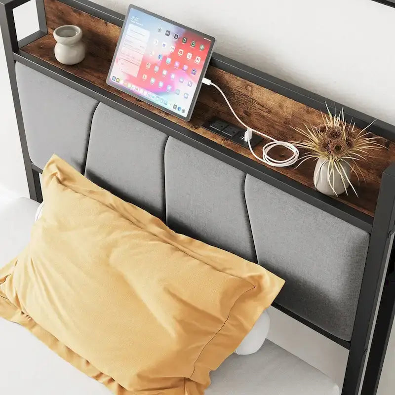 Cadre de lit double, tête de lit de rangement avec station de recharge, sommier tapissier non requis