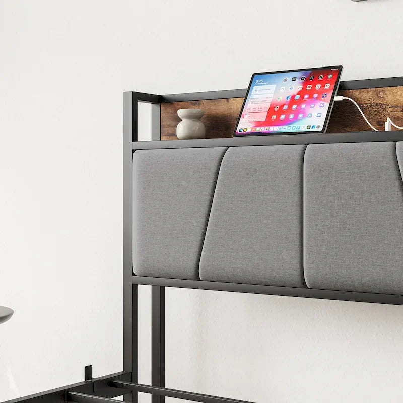 Cadre de lit double, tête de lit de rangement avec station de recharge, sommier tapissier non requis