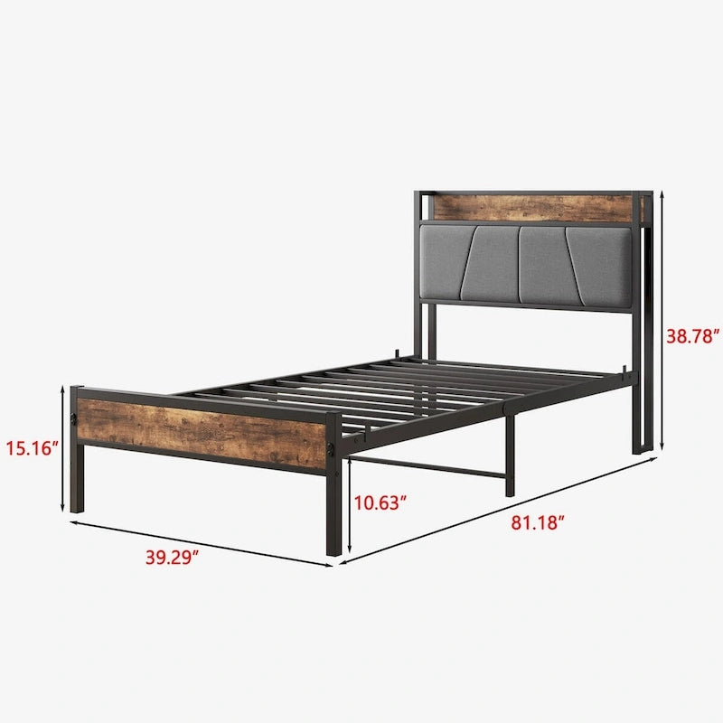 Cadre de lit double, tête de lit de rangement avec station de recharge, sommier tapissier non requis